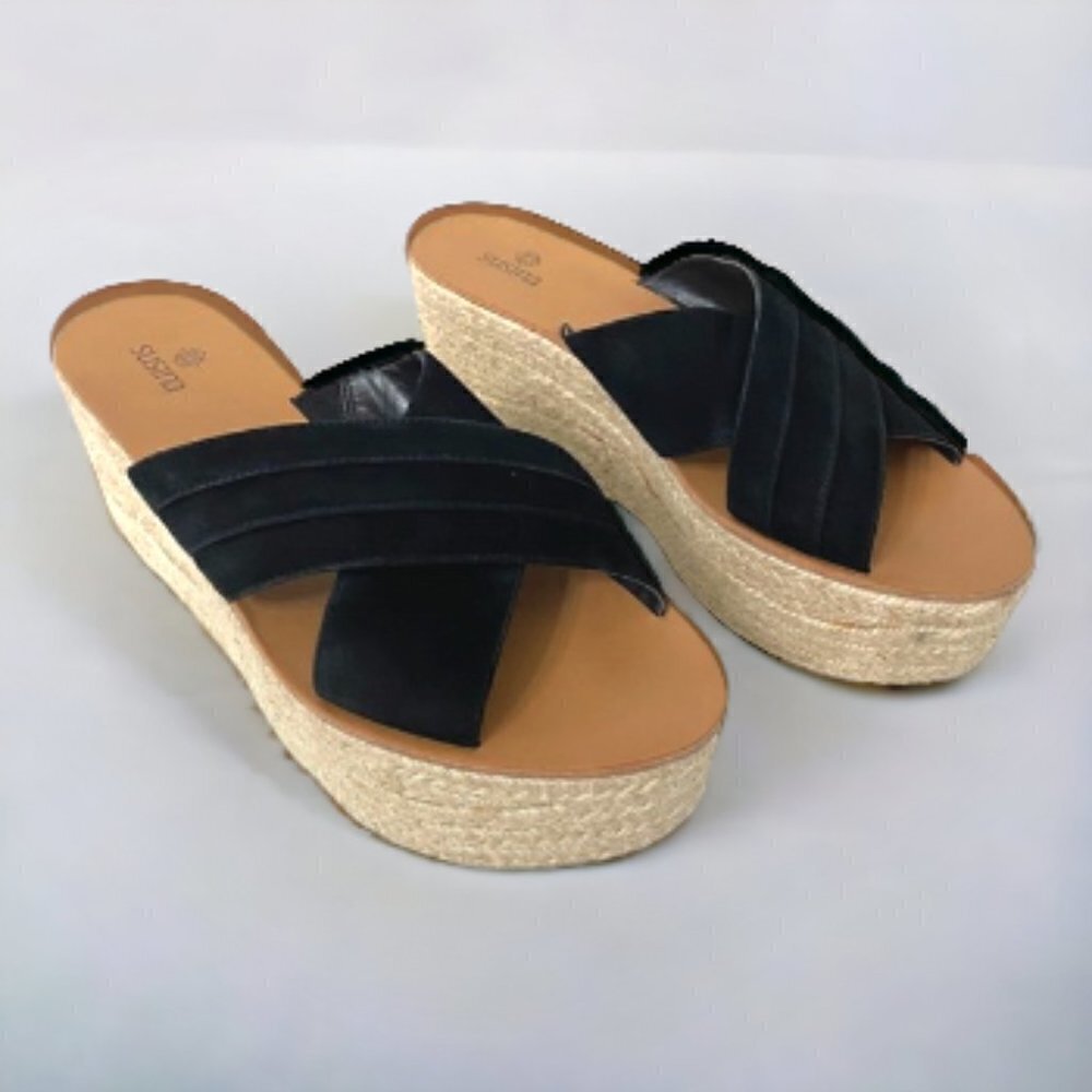 Susina Black Suede Leather Summer Comfort Wedges Platform Espadrille Sandals, 9